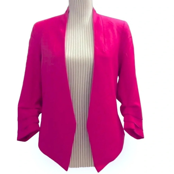 RACHEL ZOE Elegant Fuchsia Pink Open Front 3/4  RushGathered Sleeve Blazer Sz L - Picture 3 of 15